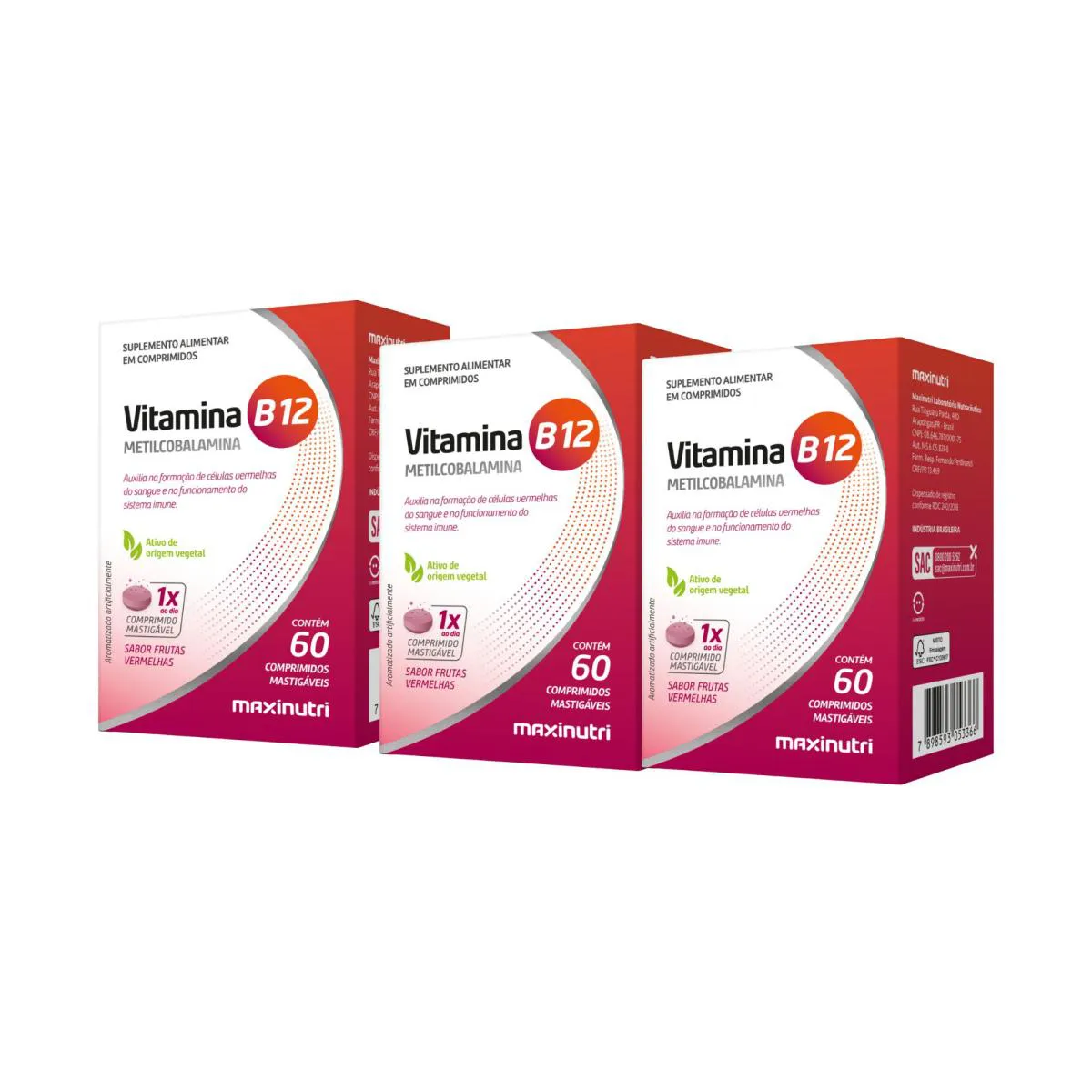 KIT 3 VITAMINA B12 METILCOBALAMINA 60 CAPSULAS MASTIGAVEIS MAXINUTRI