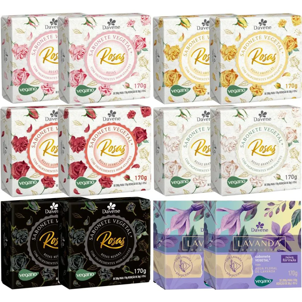 12 SABONETES VEGETAL AROMA DAS ROSAS E LAVANDA 170G DAVENE