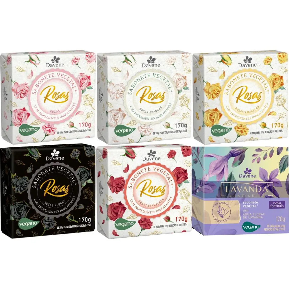 6 SABONETES VEGETAL AROMA DAS ROSAS E LAVANDA 170G DAVENE