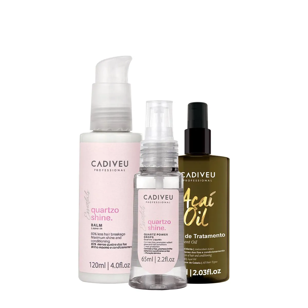 KIT CADIVEU PROFESSIONAL ESSENTIALS QUARTZO SHINE AçAí OIL 60 LEAVE-IN (3 PRODUTOS)