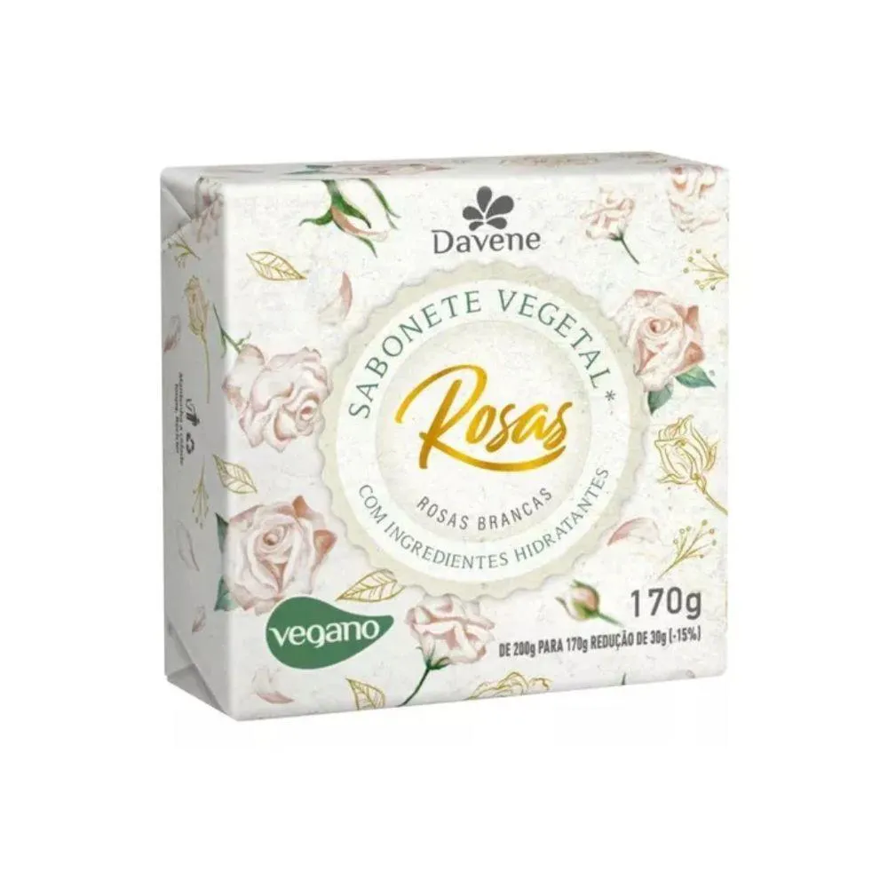 SABONETE ROSAS VEGETAL VEGANO 170G - DAVENE - DIVERSAS FRAGRâNCIAS ROSAS BRANCAS