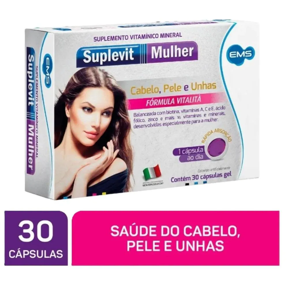 SUPLEVIT MULHER CABELO PELE E UNHAS SUPLEMENTO ALIMENTAR COM 30 CAPSULAS FORMULA VITALITA - EMS