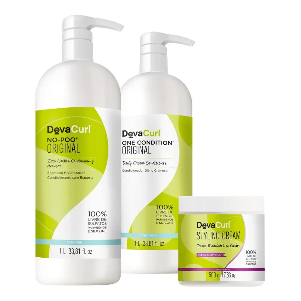 KIT DEVA CURL NO-POO SHAMPOO 1L, CONDICIONADOR 1L, CREME MODELADOR STYLING CREAM 500G