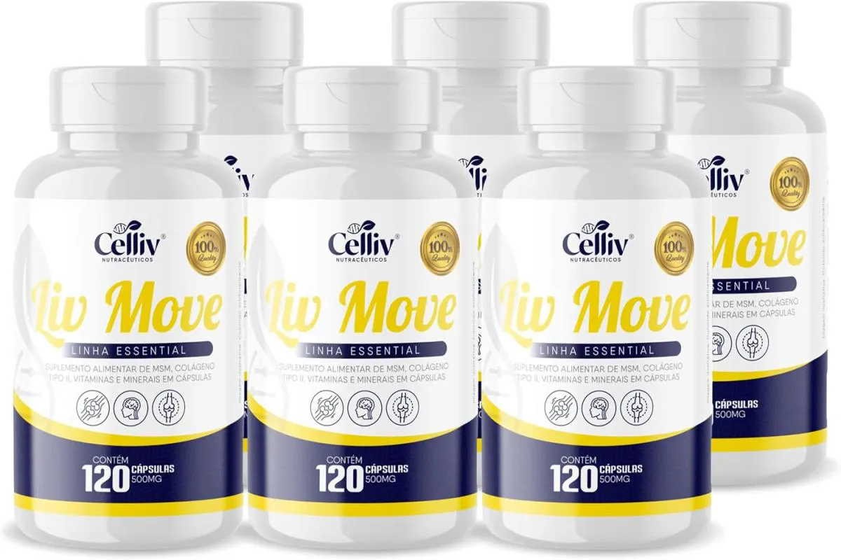 KIT COM 6 LIV MOVE - MSM, COLáGENO TIPO II, CáLCIO, MAGNéSIO E MANGANêS 120 CAPS DE 500MG CELLIV