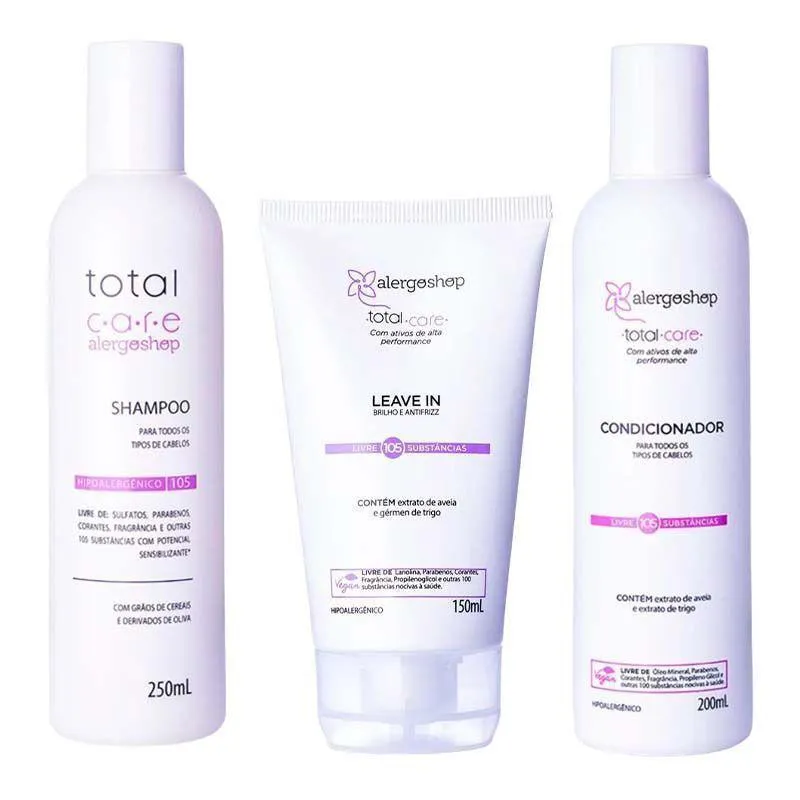 KIT SHAMPOO 250ML + CONDICIONADOR 200ML + LEAVE IN HIPOALERGêNICO TOTAL CARE ALEGORSHOP 150ML