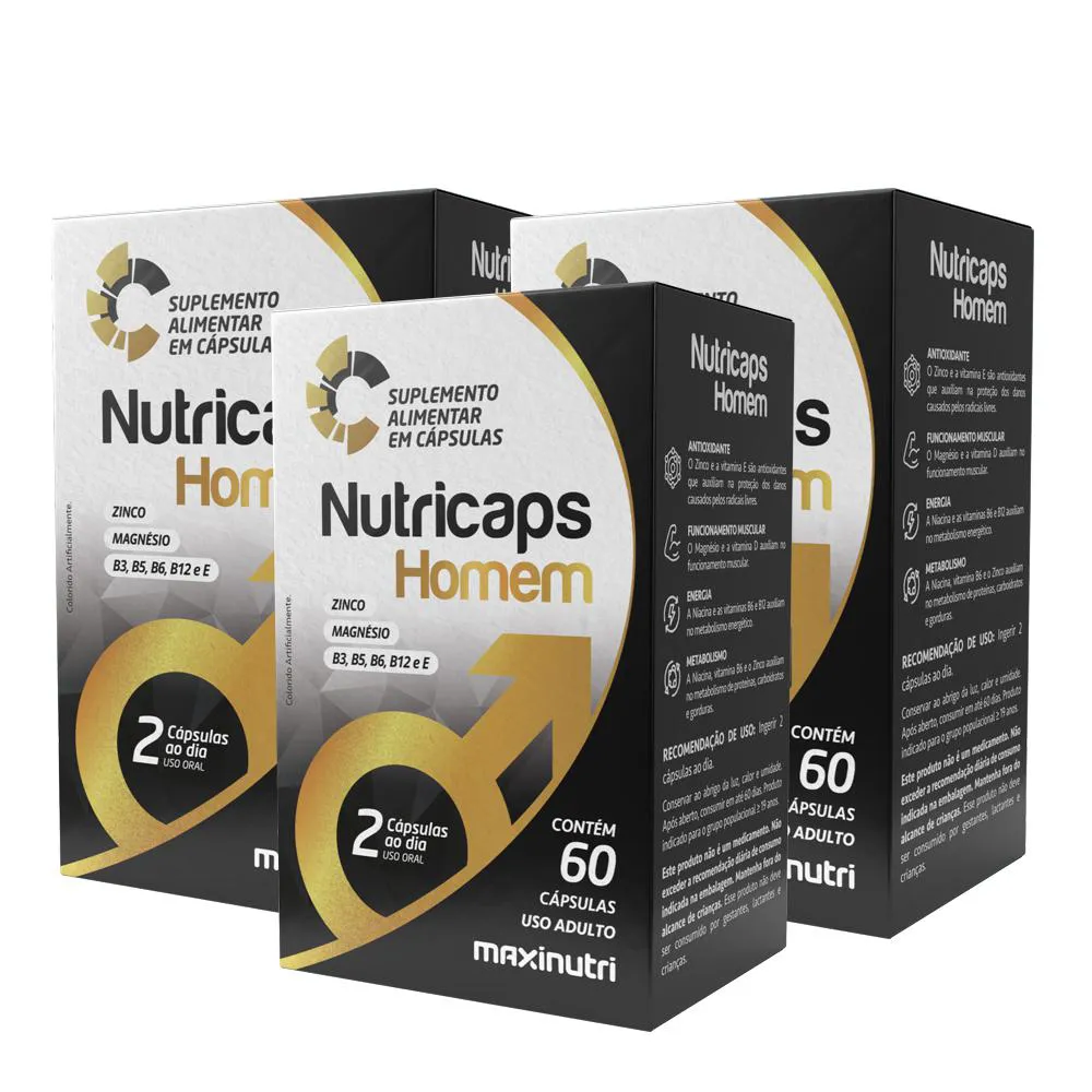 KIT 3 NUTRICAPS HOMEM VITAMINAS + ZINCO 60 CAPSULAS MAXINUTRI