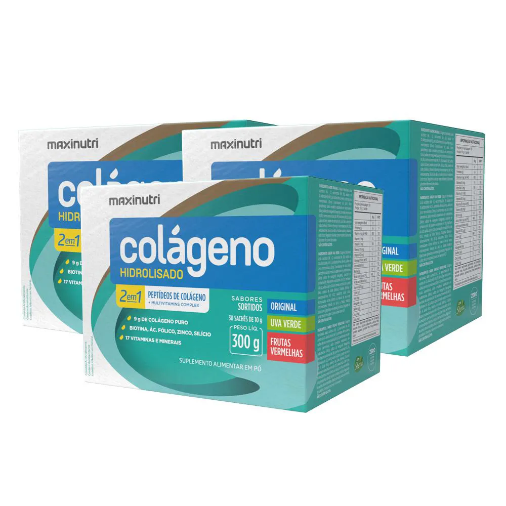 KIT 3 COLáGENO HIDROLISADO 30 SACHES SABORES SORTIDOS MAXINUTRI