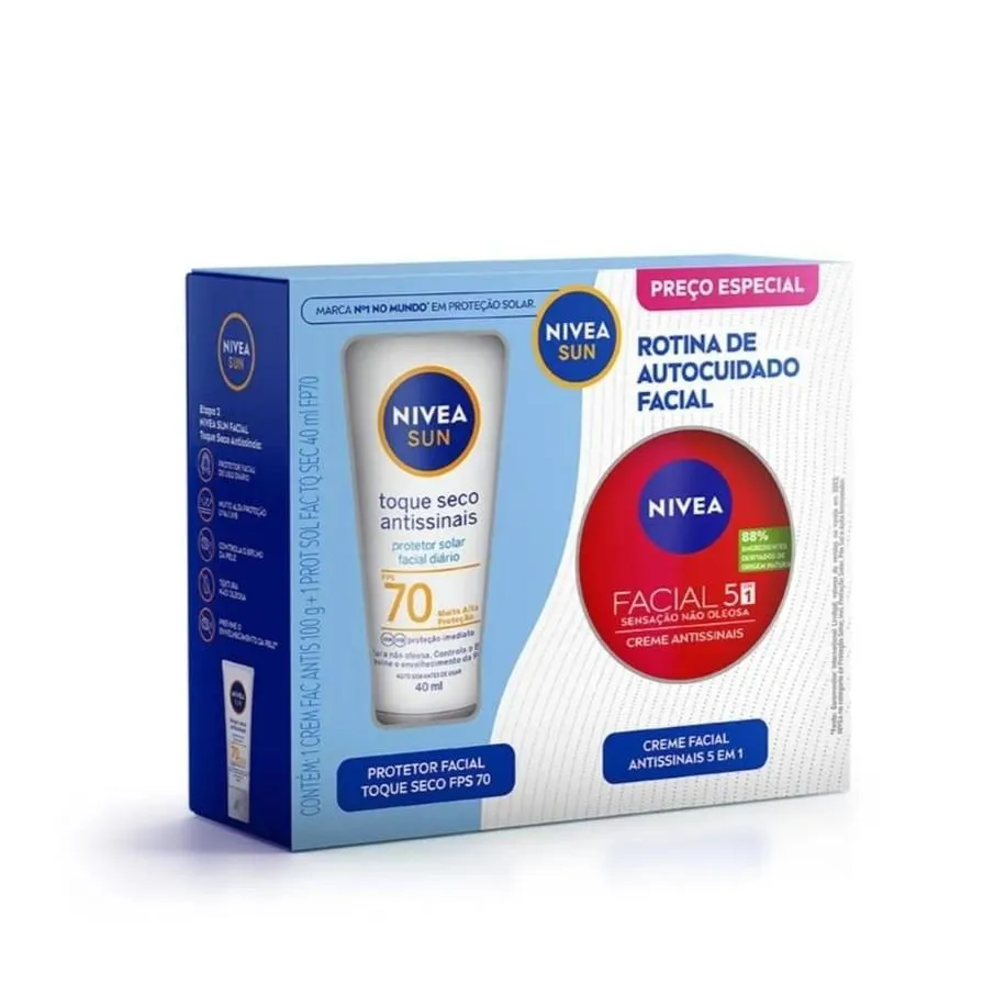 KIT NIVEA SUN ROTINA DE AUTOCUIDADO FACIAL PROTETOR SOLAR FPS70 40ML + CREME 5 EM 1 ANTISSINAIS 100G