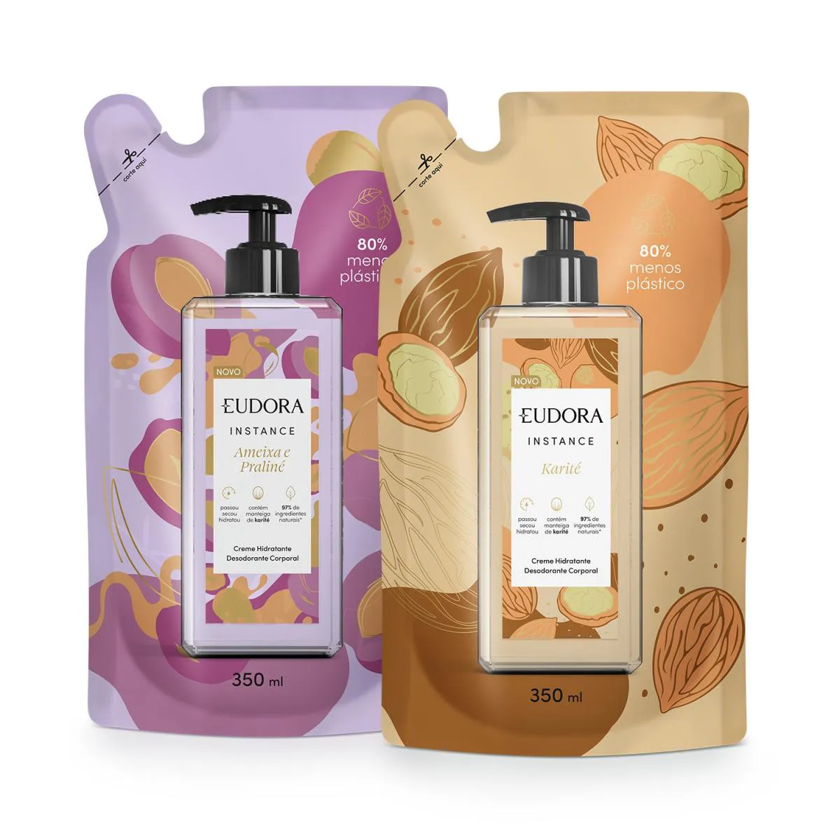 COMBO REFIL INSTANCE: CREME HIDRATANTE DESODORANTE CORPORAL AMEIXA E PRALINé 350ML +  LOçãO HIDRATANTE DESODORANTE CORPORAL KARITE 350ML