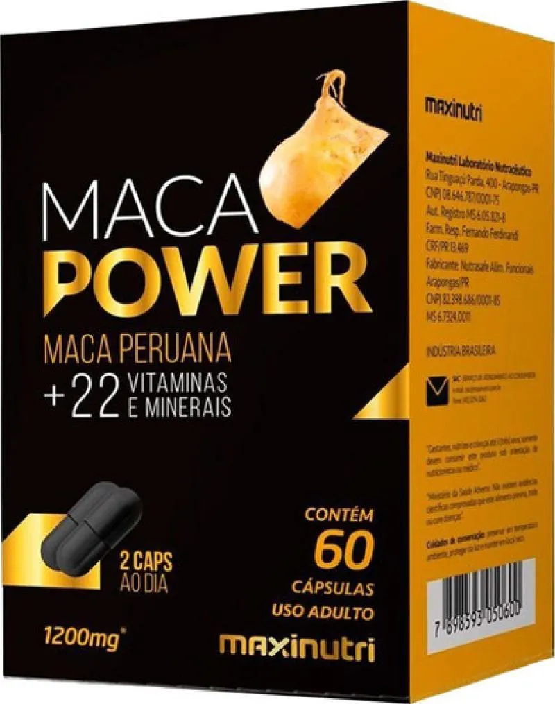 MACA POWER 1200MG +VITAMINAS E MINERAIS MAXINUTRI 60 CáPS SEM Sabor