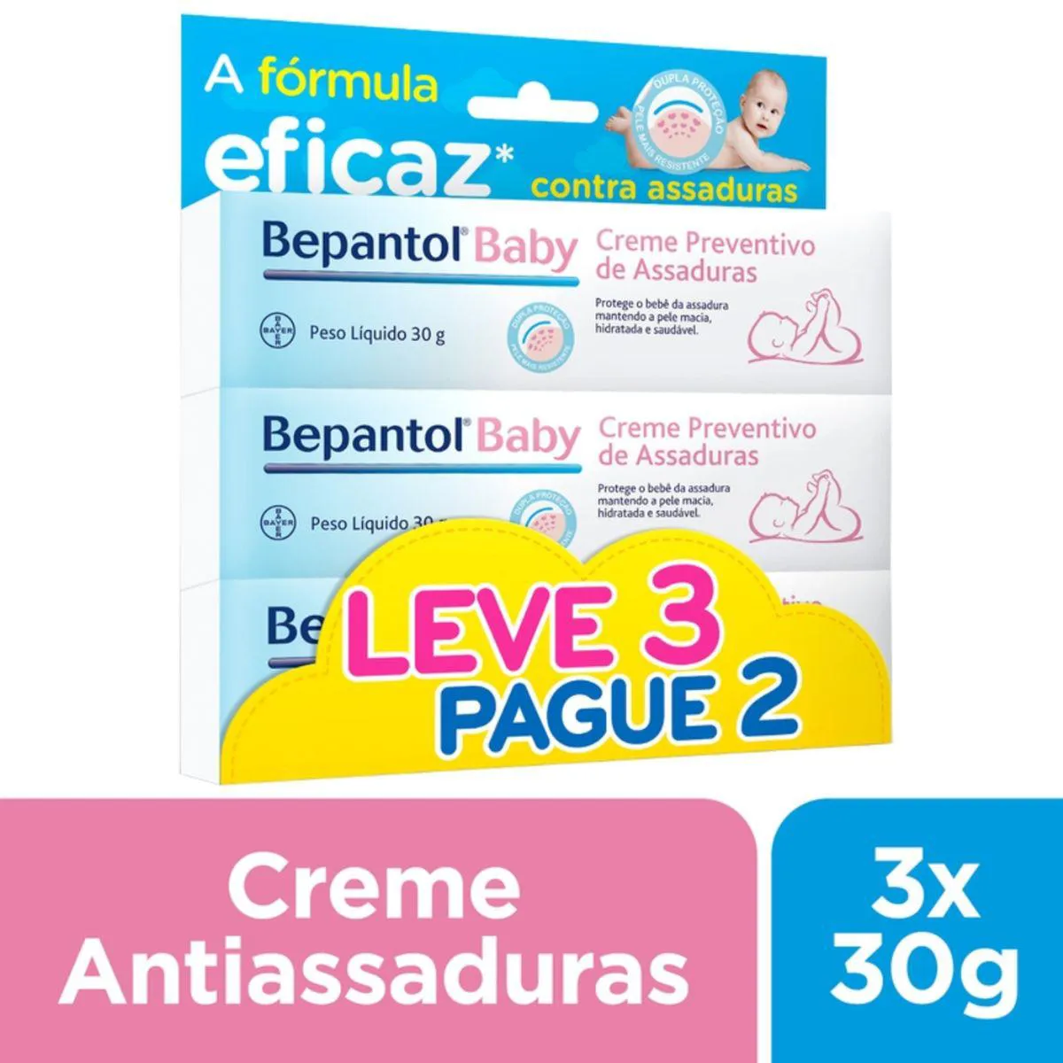 Kit Creme para Assaduras Bepantol Baby Preventivo Sem Fragrância 30g 3 unidades