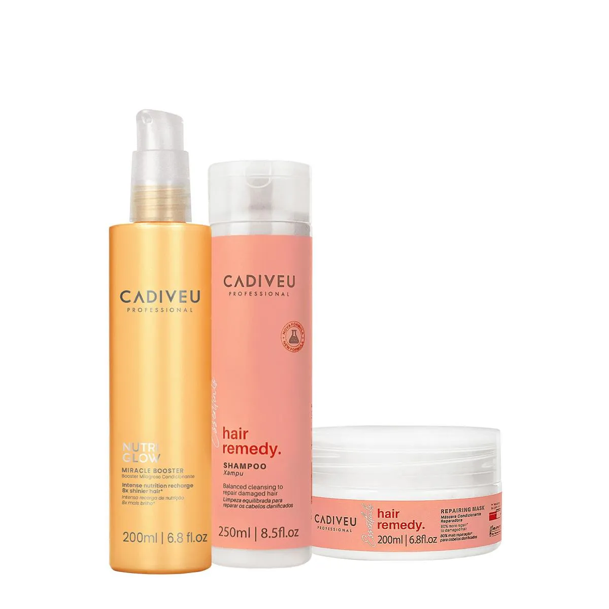 KIT CADIVEU ESSENTIALS HAIR REMEDY SHAMPOO MáSCARA E NUTRI GLOW BOOSTER (3 PRODUTOS)