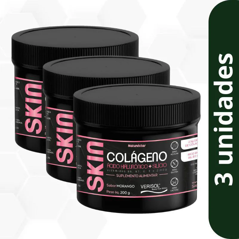 Kit Skin Colágeno Verisol em Pó Natunectar 200g Sabor Morango- 3 unidades