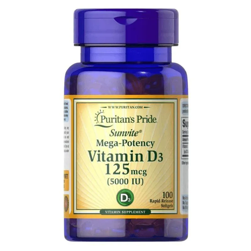 VITAMINA D3 125MCG 5000UI 100 CáPSULAS PURITAN'S PRIDE SEM Sabor