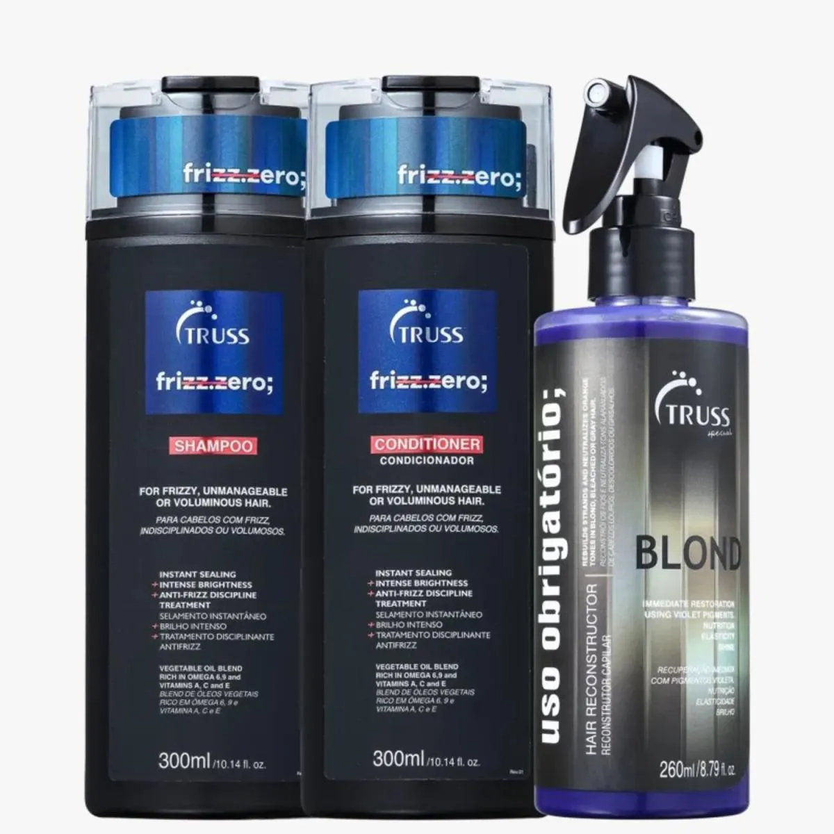 TRUSS KIT FRIZZ ZERO SHAMPOO E CONDICIONADOR + USO OBRIGATóRIO BLOND TRIPLA AçãO