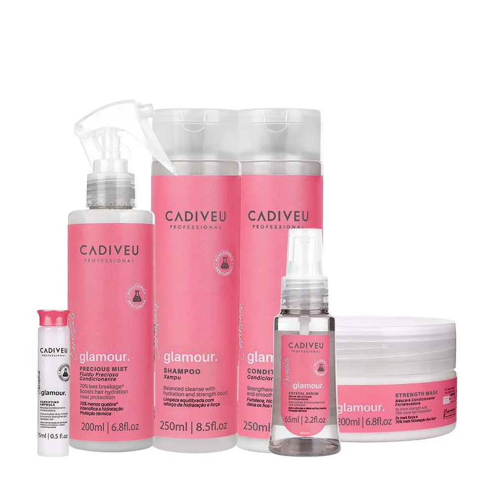KIT CADIVEU PROFISSIONAL ESSENTIALS GLAMOUR SHAMPOO CONDICIONADOR SéRUM MáSCARA FLUíDO E AMPOLA (6 PRODUTOS)