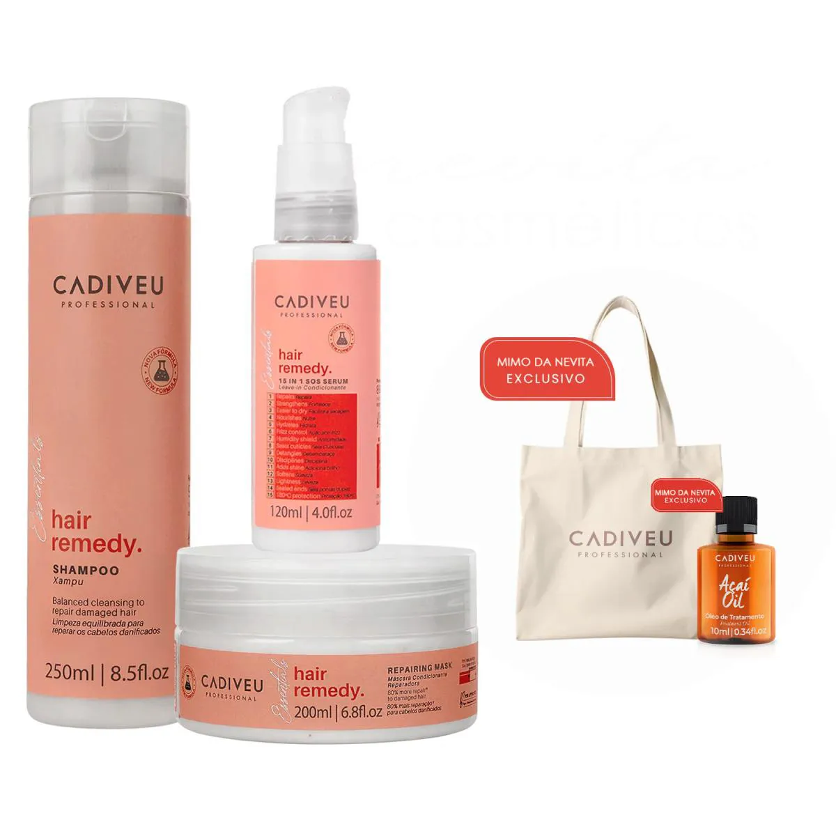 KIT ESPECIAL CADIVEU HAIR REMEDY +SACOLA CADIVEU +ÓLEO AçAí