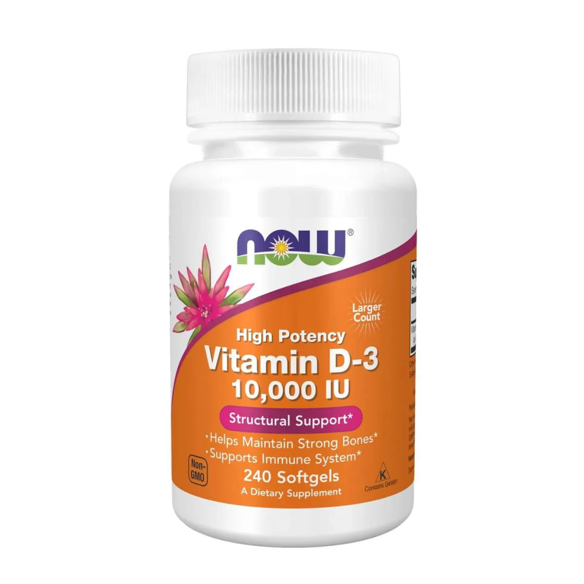 VITAMINA D3 250MCG 10000UI ALTA POTêNCIA 240 CáPSULAS NOW FOODS SEM Sabor