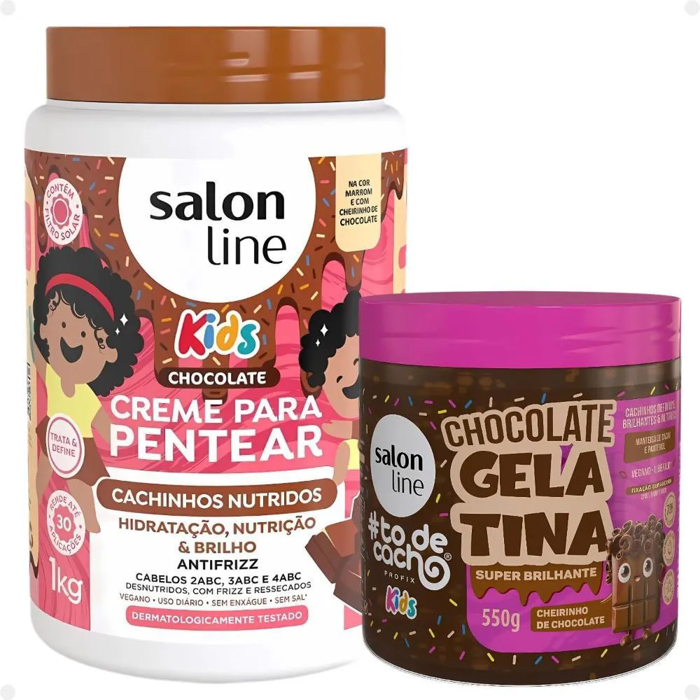 KIT SALON LINE KIDS: 1 CREME PARA PENTEAR E 1 GELATINA SUPER BRILHANTE CHOCOLATE