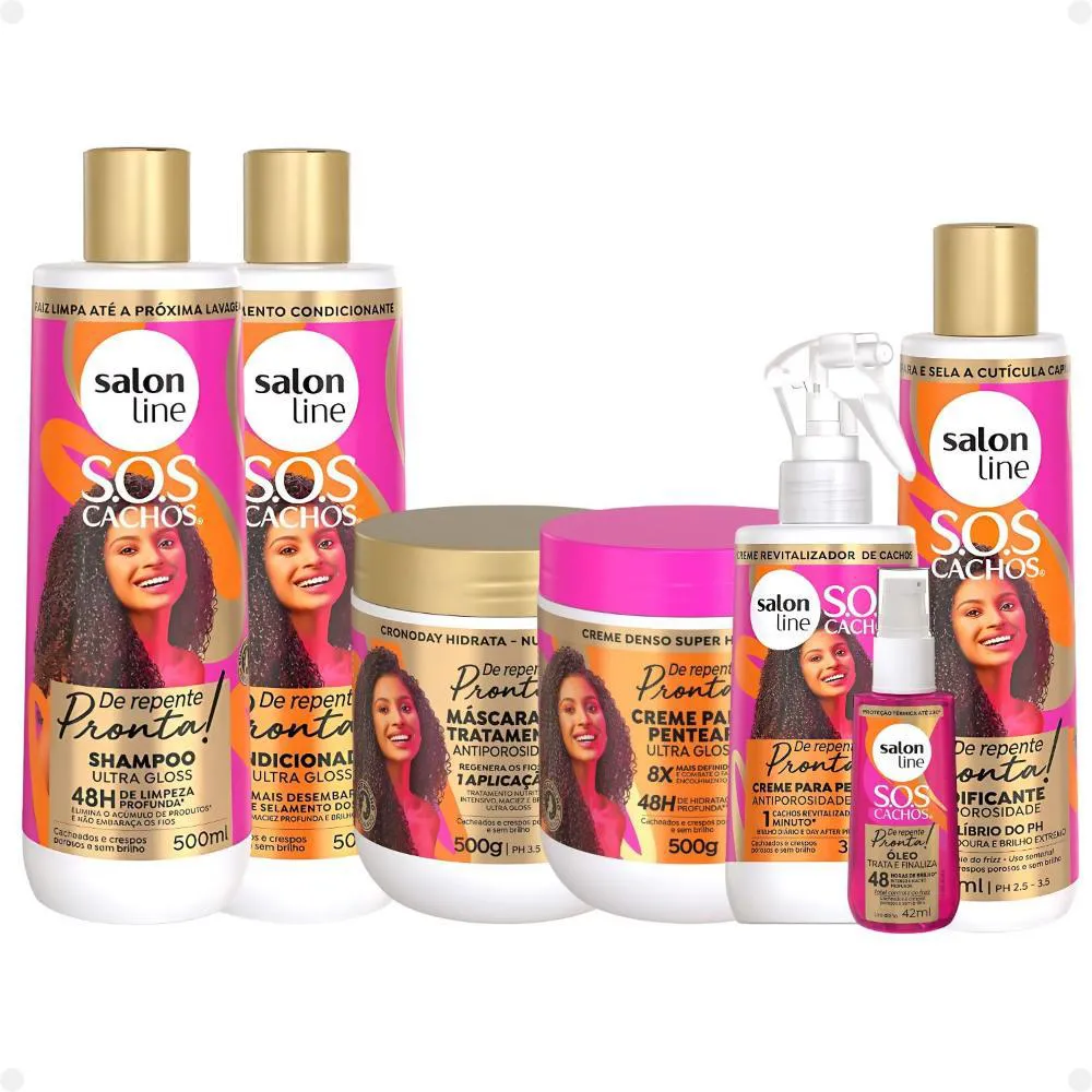 SALON LINE SOS CACHOS DE REPENTE PRONTA!: SHAMPOO, CONDICIONADOR, MáSCARA, CREME PARA PENTEAR, CREME FLUIDO, ACIDIFICANTE E ÓLEO