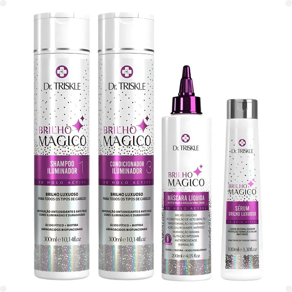 KIT DR TRISKLE BRILHO MáGICO: SHAMPOO, CONDICIONADOR, MáSCARA LíQUIDA E SéRUM