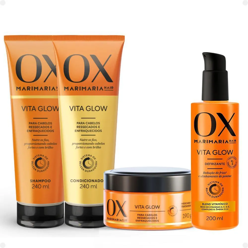 KIT OX MARI MARIA HAIR VITA GLOW: SHAMPOO, CONDICIONADOR, MáSCARA E DEFRIZANTE