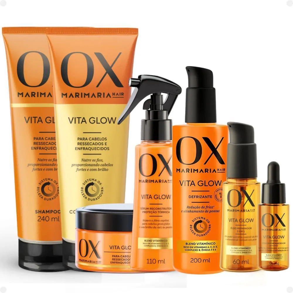 KIT OX MARI MARIA HAIR VITA GLOW: SHAMPOO, CONDICIONADOR, MáSCARA, SéRUM, DEFRIZANTE, ÓLEO E TôNICO