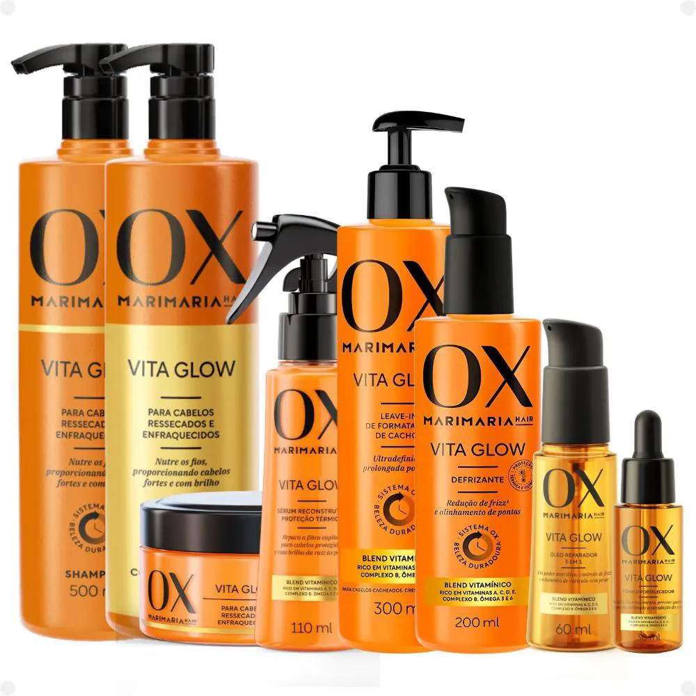 KIT OX MARI MARIA HAIR VITA GLOW: SHAMPOO, CONDICIONADOR, MáSCARA, SéRUM, LEAVE-IN, DEFRIZANTE, ÓLEO E TôNICO