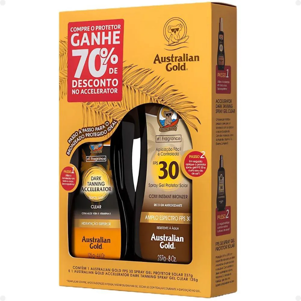 KIT AUSTRALIAN GOLD SPRAY GEL: 1 GEL PROTETOR SOLAR FPS 30 237G E 1 ACELERADOR GEL 125G