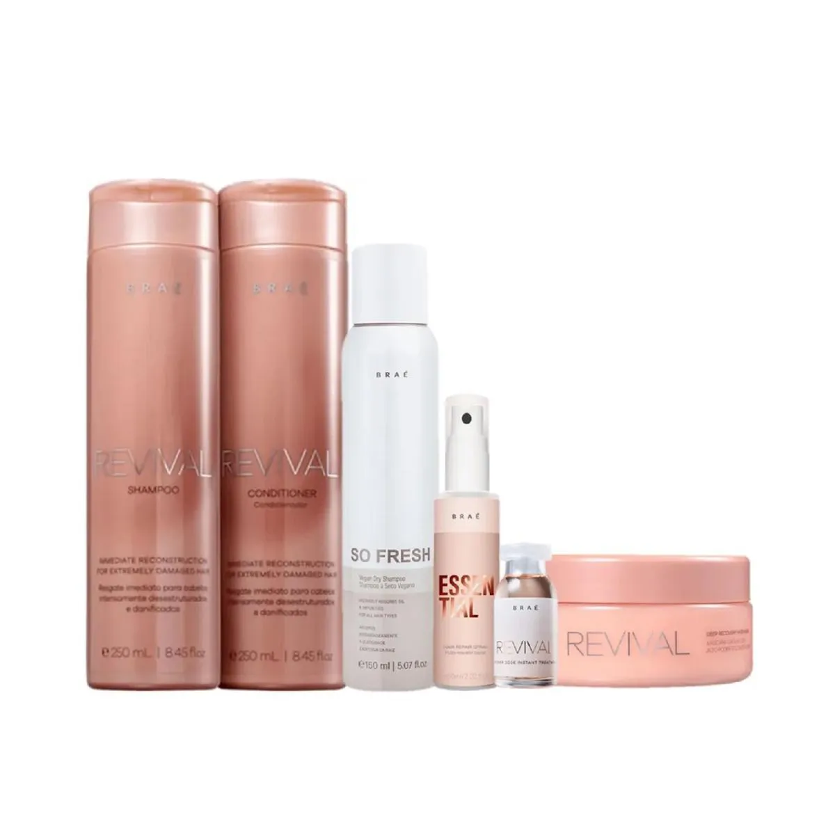 KIT BRAé REVIVAL-SHAMPOO 250ML +CONDICIONADOR 250ML +MáSCARA 200ML +SO FRESH 150ML +ESSENTIAL 60ML +AMPOLA REVIVAL 13ML