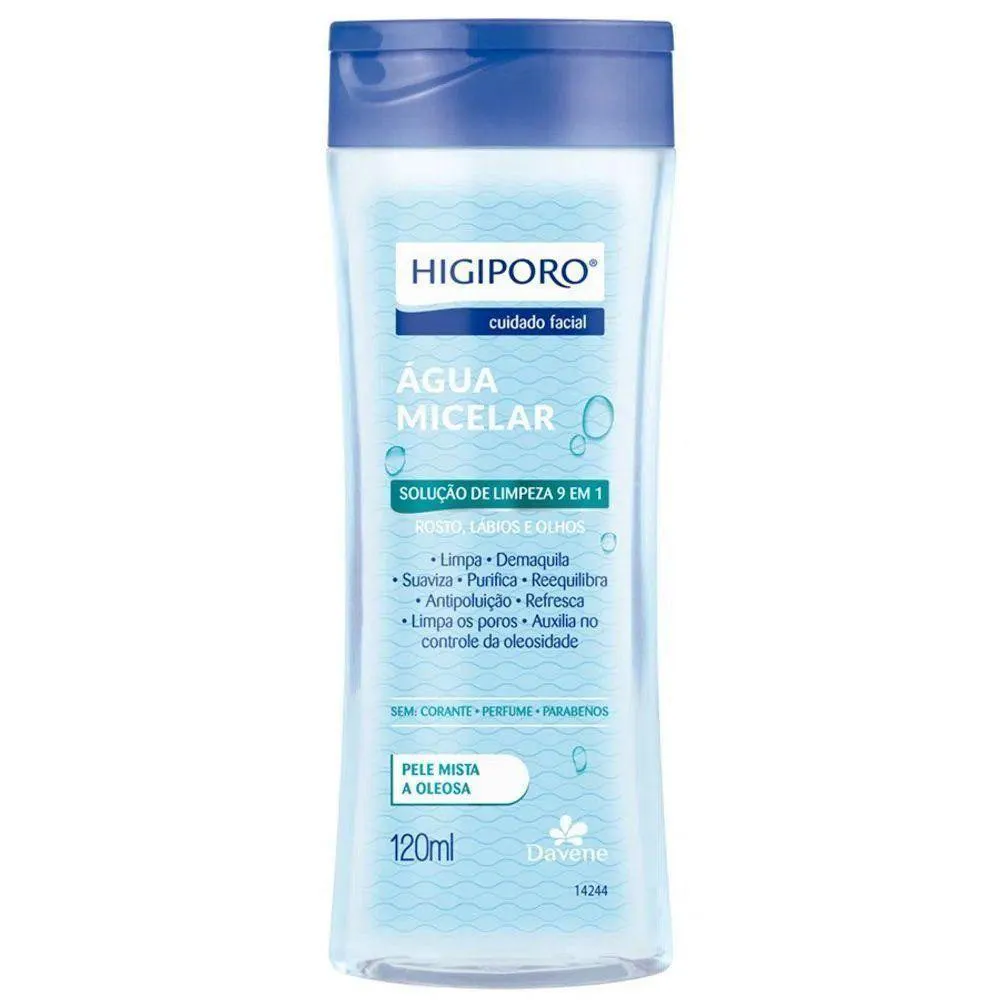 AGUA MICELAR TODOS TIPOS PELE-OLEOSA HIGIPORO 120ML - DAVENE PELE MISTA A OLEOSA