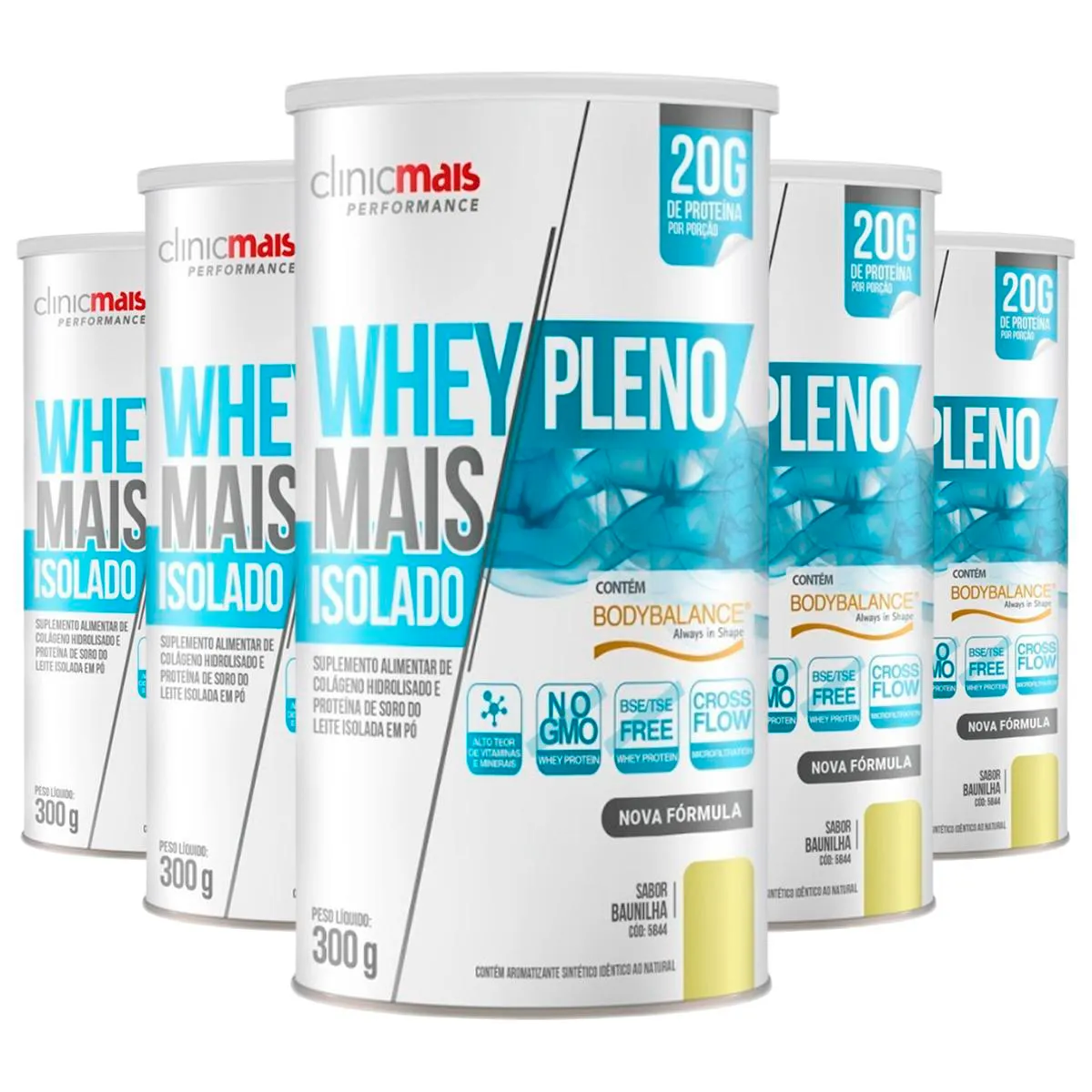 Kit 5 Whey Protein Isolado Clinicmais Pleno Baunilha 300g