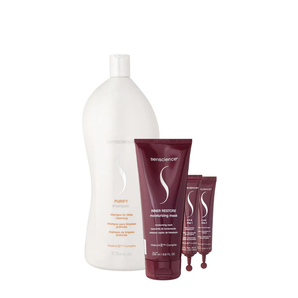 KIT SENSCIENCE PURIFY SHAMPOO INNER RESTORE MáSCARA C.P.R. AMPOLA (3 PRODUTOS)