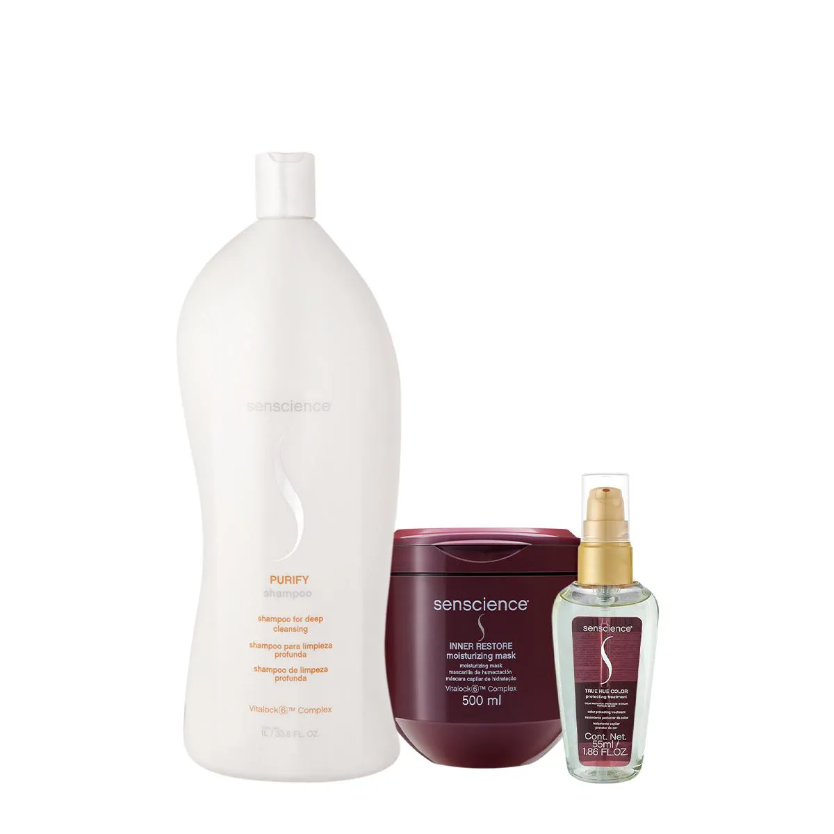 KIT SENSCIENCE PURIFY SHAMPOO 1L INNER RESTORE MáSCARA E TRUE HUE ÓLEO (3 PRODUTOS)