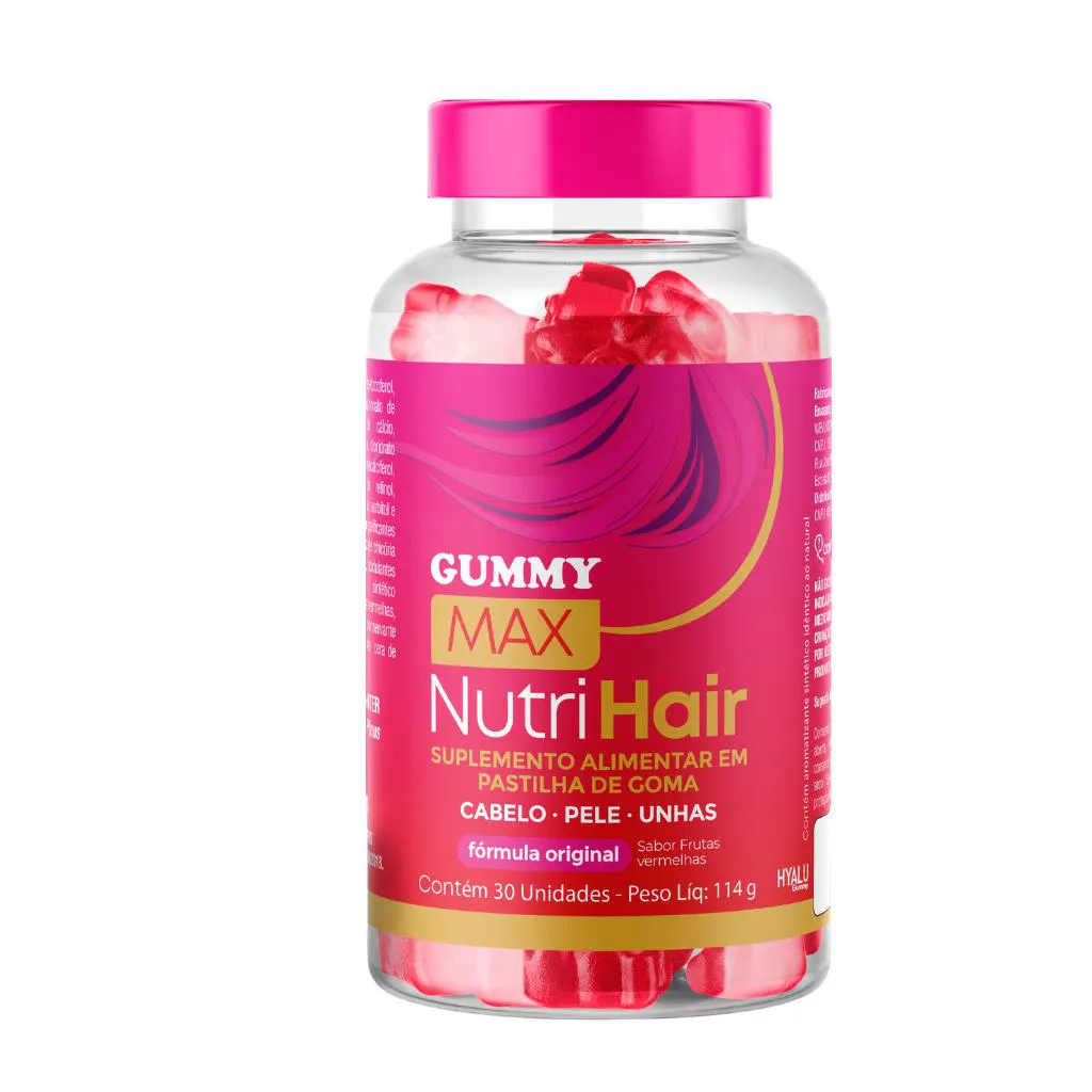 GUMMY MAX NUTRI HAIR: CRESCIMENTO CAPILAR + UNHAS FORTES COM ÁCIDO HIALURôNICO E ZERO AçúCAR