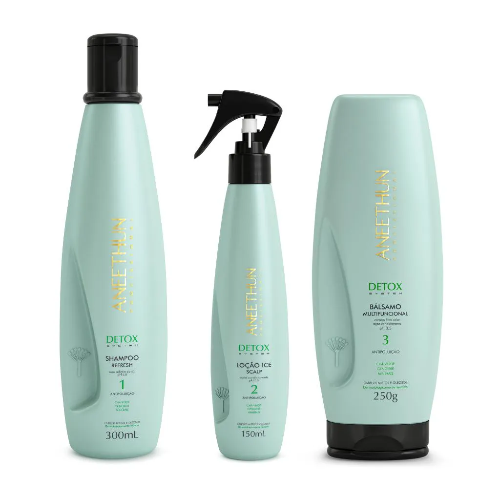 KIT DETOX SYSTEM SHAMPOO BALSAMO E LOçãO - ANEETHUN