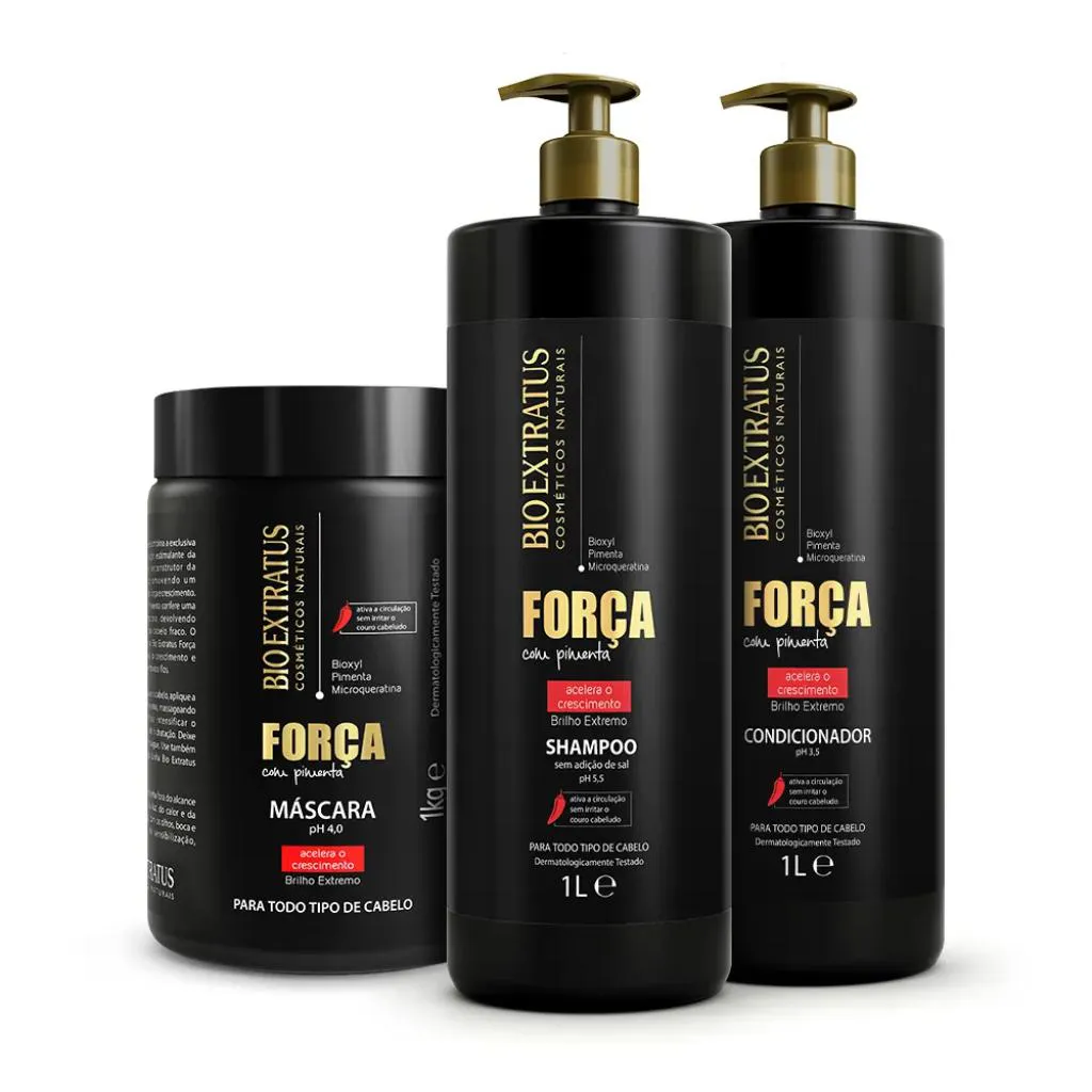 KIT SHAMPOO CONDICIONADOR E MASCARA CRESCIMENTO FORçA COM PIMENTA BIO EXTATUS 1L  - BIO EXTRATUS