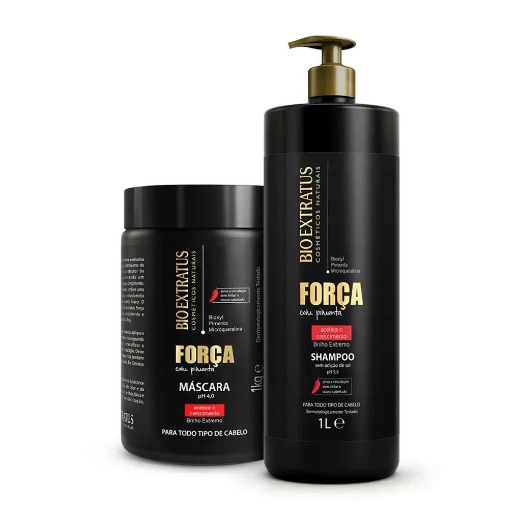 KIT SHAMPOO E MASCARA CRESCIMENTO FORçA COM PIMENTA BIO EXTATUS 1L  - BIO EXTRATUS