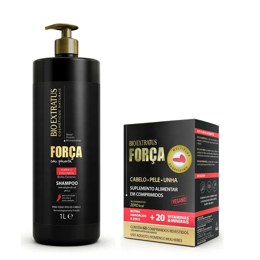 KIT SHAMPOO E SUPLEMENTO P/ CABELOS PELE UNHA CRESCIMENTO FORçA COM PIMENTA - BIO EXTRATUS