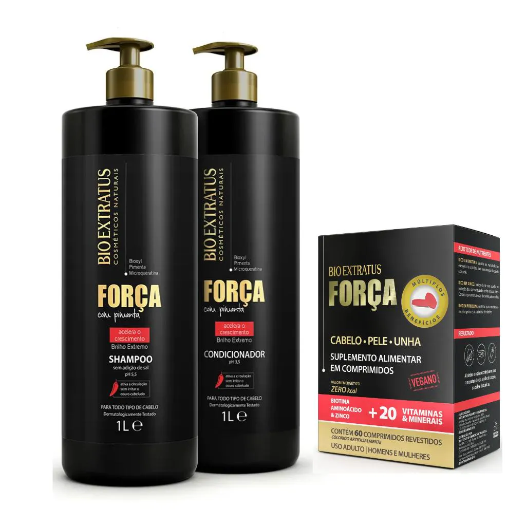 KIT SHAMPOO E CONDICIONADOR E SUPLEMENTO CRESCIMENTO FORçA COM PIMENTA BIO EXTATUS 1L  - BIO EXTRATUS