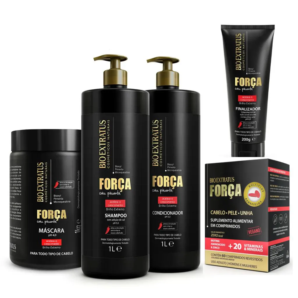 KIT SHAMPOO CONDICIONADOR MASCARA FINALIZADOR E SUPLEMENTO CRESCIMENTO FORçA COM PIMENTA BIO EXTATUS - BIO EXTRATUS