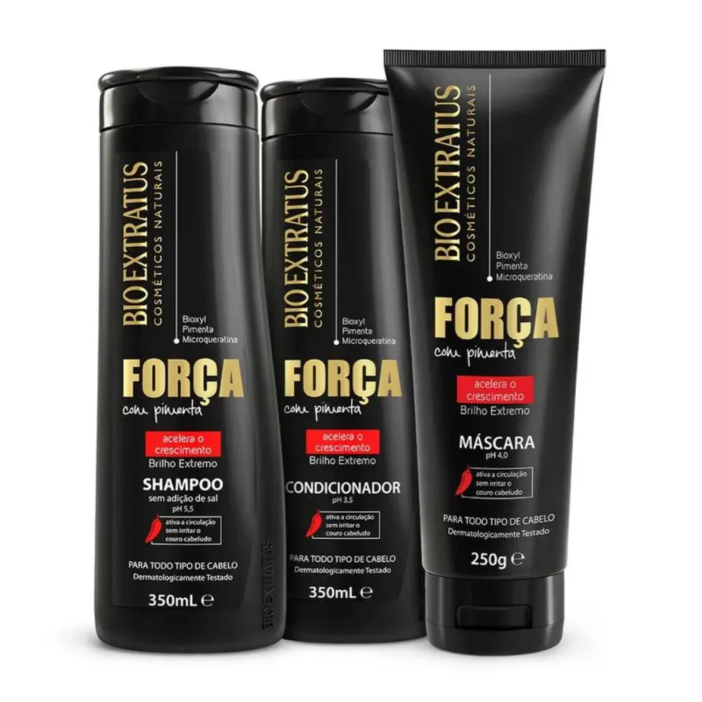 KIT SHAMPOO CONDICIONADOR E MASCARA CRESCIMENTO FORçA COM PIMENTA BIO EXTATUS  - BIO EXTRATUS