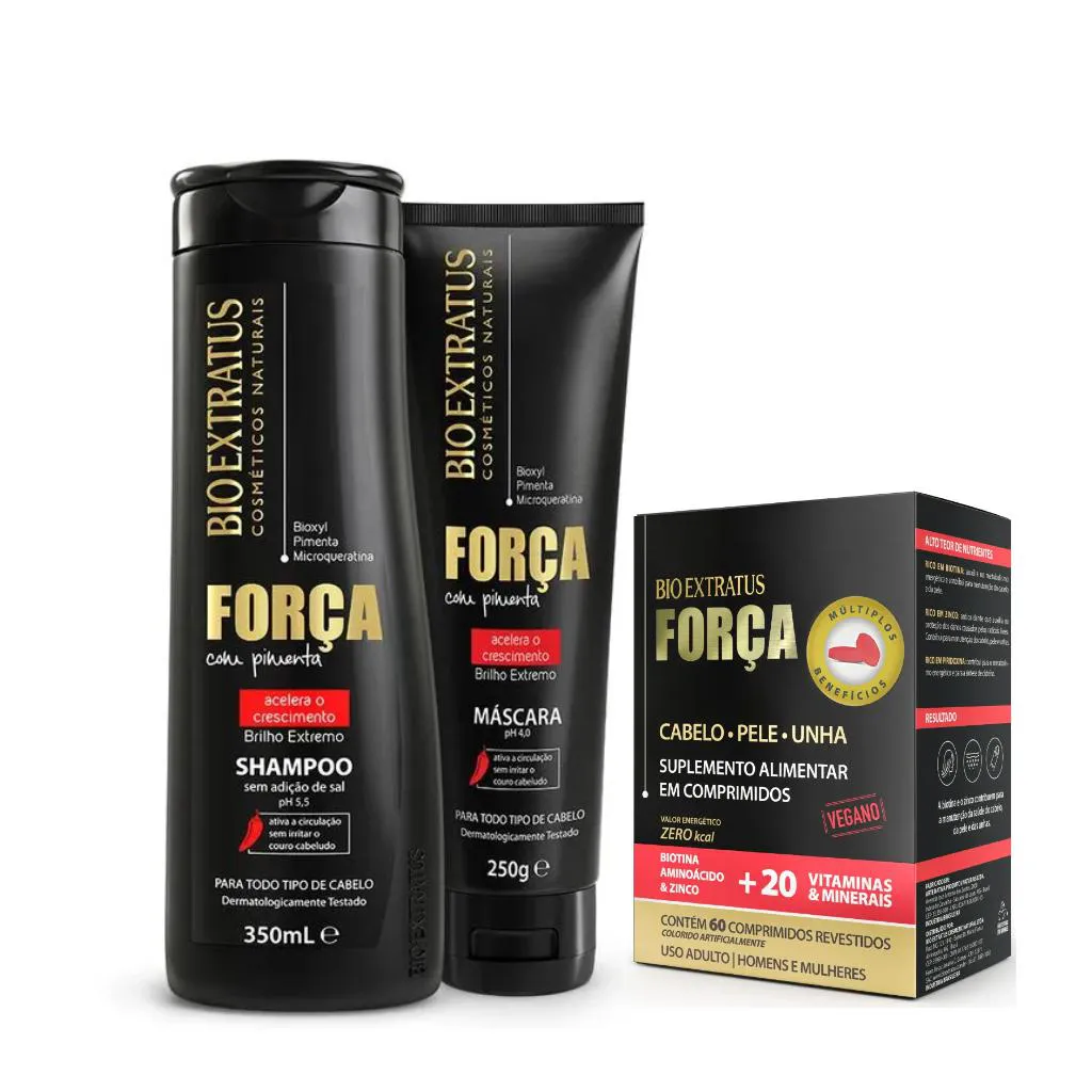 KIT SHAMPOO MASCARA E SUPLEMENTO CRESCIMENTO FORçA COM PIMENTA HOME CARE BIO EXTATUS 1L  - BIO EXTRATUS