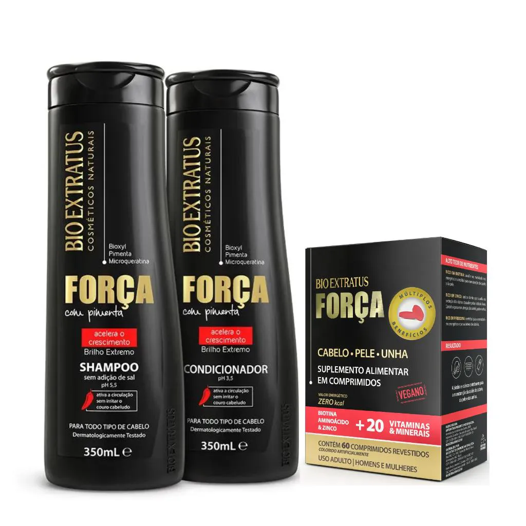 KIT SHAMPOO E CONDICIONADOR E SUPLEMENTO CRESCIMENTO FORçA COM PIMENTA BIO EXTATUS 350ML  - BIO EXTRATUS