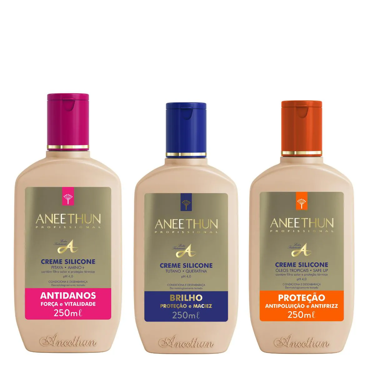 KIT CREMES DE SILICONE ANTIDANOS PROTEçãO E LINHA A 250ML - ANEETHUN