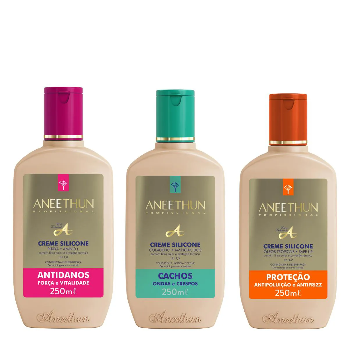 KIT CREMES DE SILICONE ANTIDANOS PROTEçãO E CACHOS 250ML - ANEETHUN
