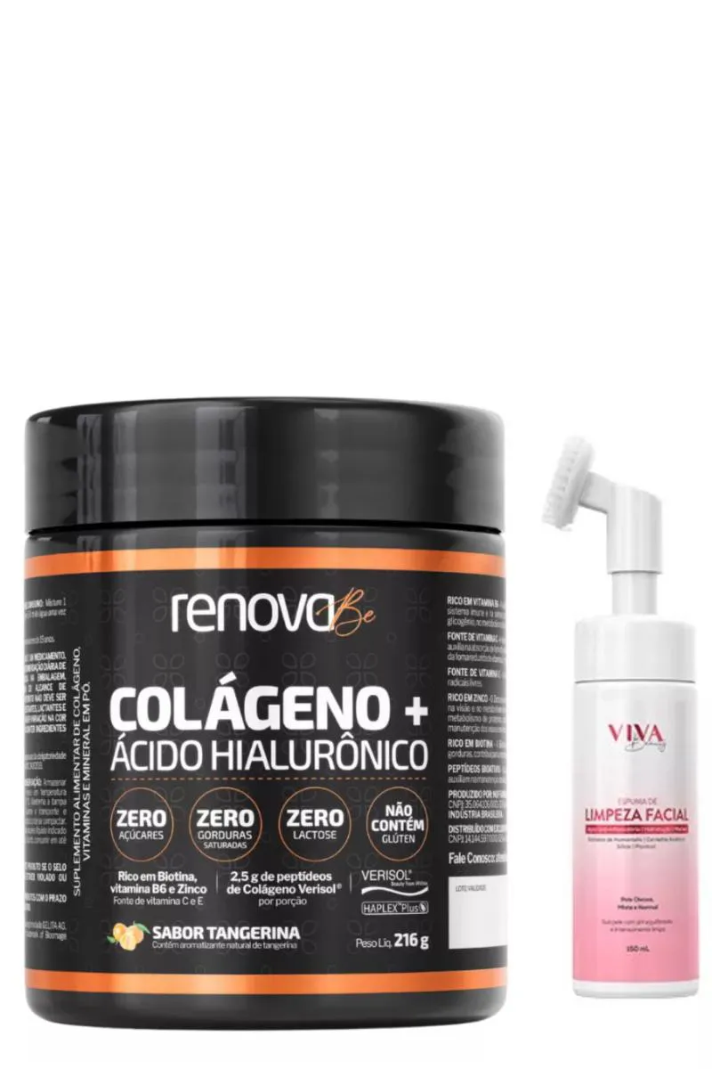 COLáGENO COM ÁCIDO HIALURôNICO E VERISOL RENOVA BE TANGERINA 216G GANHE 1 ESPUMA DE LIMPEZA FACIAL VIVA BEAUTY 150ML