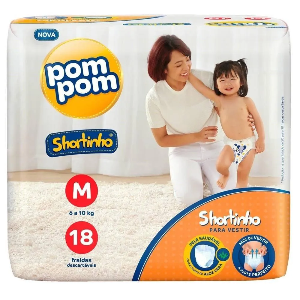 FRALDA DESCARTáVEL POM POM SHORTINHO JUMBINHO TAMANHO M - 8 PACOTES COM 18 FRALDAS - TOTAL 144 TIRAS