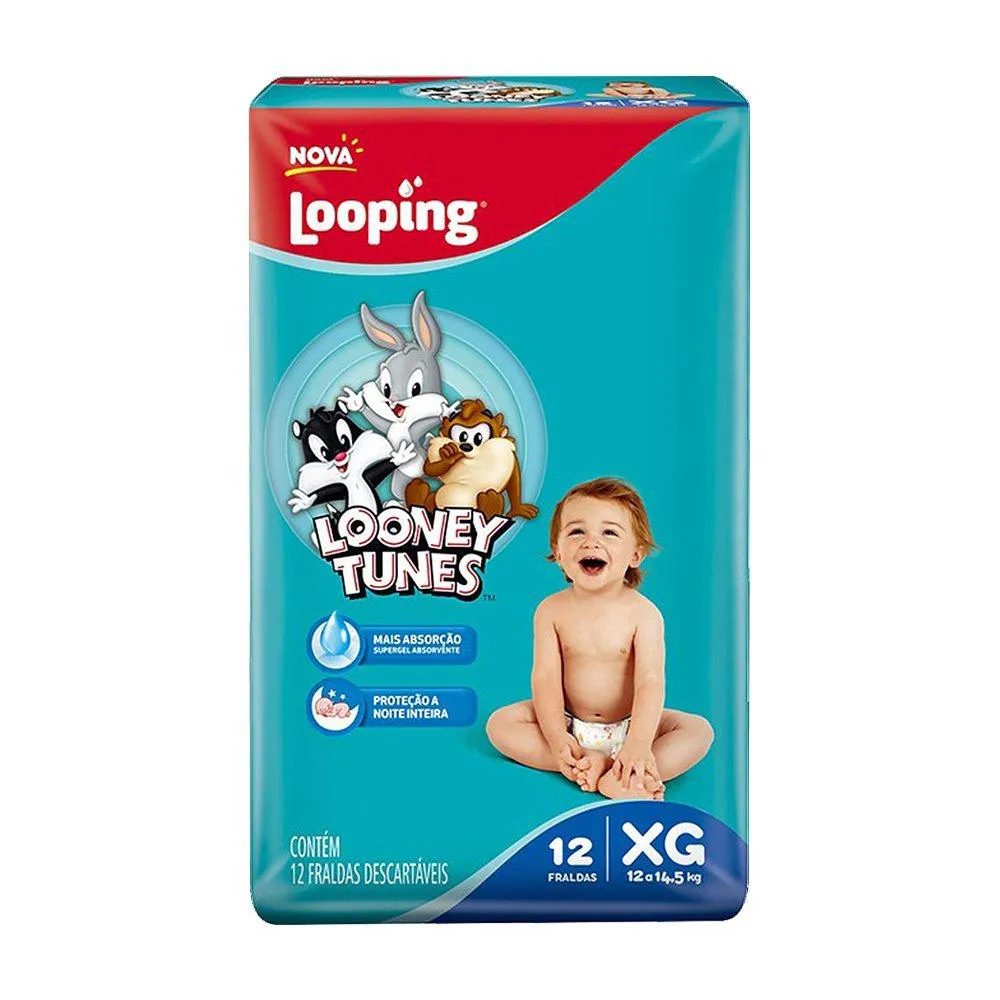 FRALDA DESCARTáVEL LOOPING LOONEY TUNES JUMBINHO TAMANHO XG - 8 PACOTES COM 12 FRALDAS - TOTAL 96 TIRAS