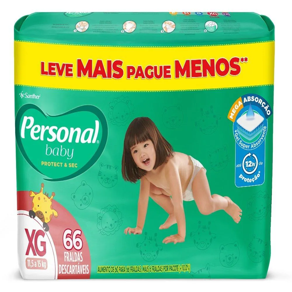 FRALDA DESCARTáVEL PERSONAL GIGA EXTRA GRANDE - 4 EMBALAGEM COM 66 UNIDADES - TOTAL DE 264 TIRAS